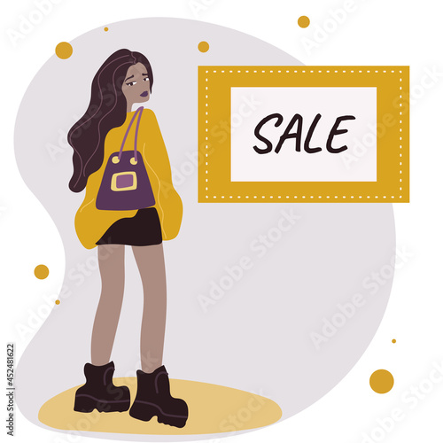 fashionable girl model. Discount sign. Vector illustration.