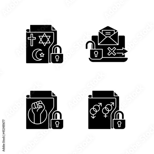 Data confidentiality black glyph icons set on white space. Religious beliefs info. Unencrypted email. Trade union membership. Sexual orientation. Silhouette symbols. Vector isolated illustration