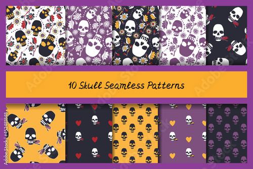 Set of 10 Colorful seamless pattern with stylized skulls. Stock illustration.
