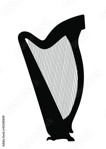 Harp vector silhouette illustration isolated on white. Music string instrument for concert event. lira symbol. Lyre sign.