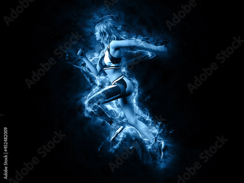 Woman running in electric blue lights