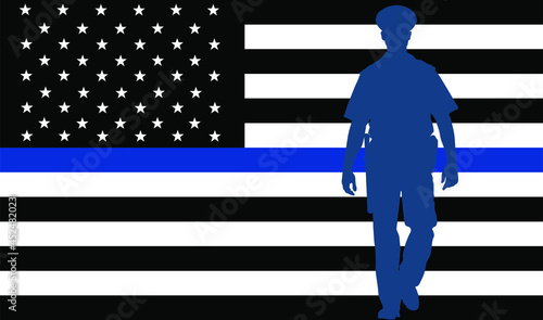 Thin blue line flag USA law enforcement symbol. American police flag vector. Symbol of remembering fallen police officers on duty. Law and order. Devotion and dedication on workplace. ladle out honors