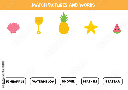 Matching summer pictures and the words. Educational game for kids.