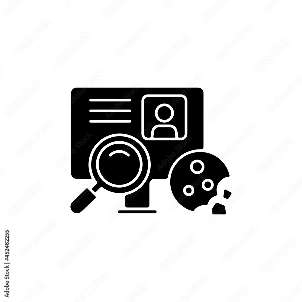 Cookie id black glyph icon. Internet cookies. Unique identifier. User experience on websites. Login information and preferences. Silhouette symbol on white space. Vector isolated illustration Cookie id black glyph icon. Internet cookies. Unique identifier. User experience on websites. Login information and preferences. Silhouette symbol on white space. Vector isolated illustration