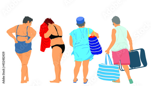 Mature woman enjoy on sea beach vector illustration. Senior lady party, sunbathing after swimming. Tourist standing in swimwear dries with towel. Vocation summer pleasure with friends in bikini.