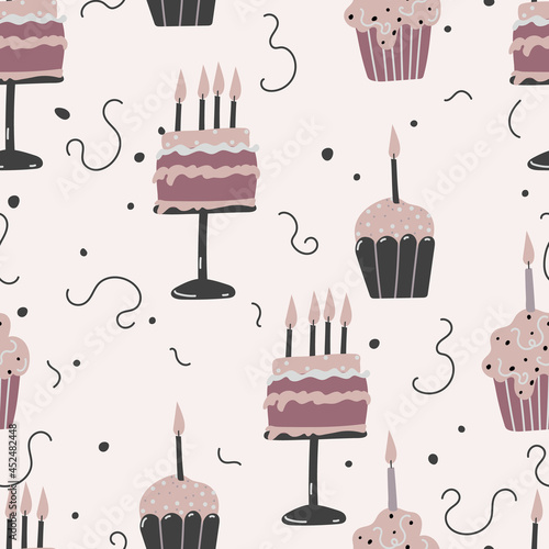 Birthday cream cakes, garlands flat vector seamless pattern. Hand drawn background for a party, holiday