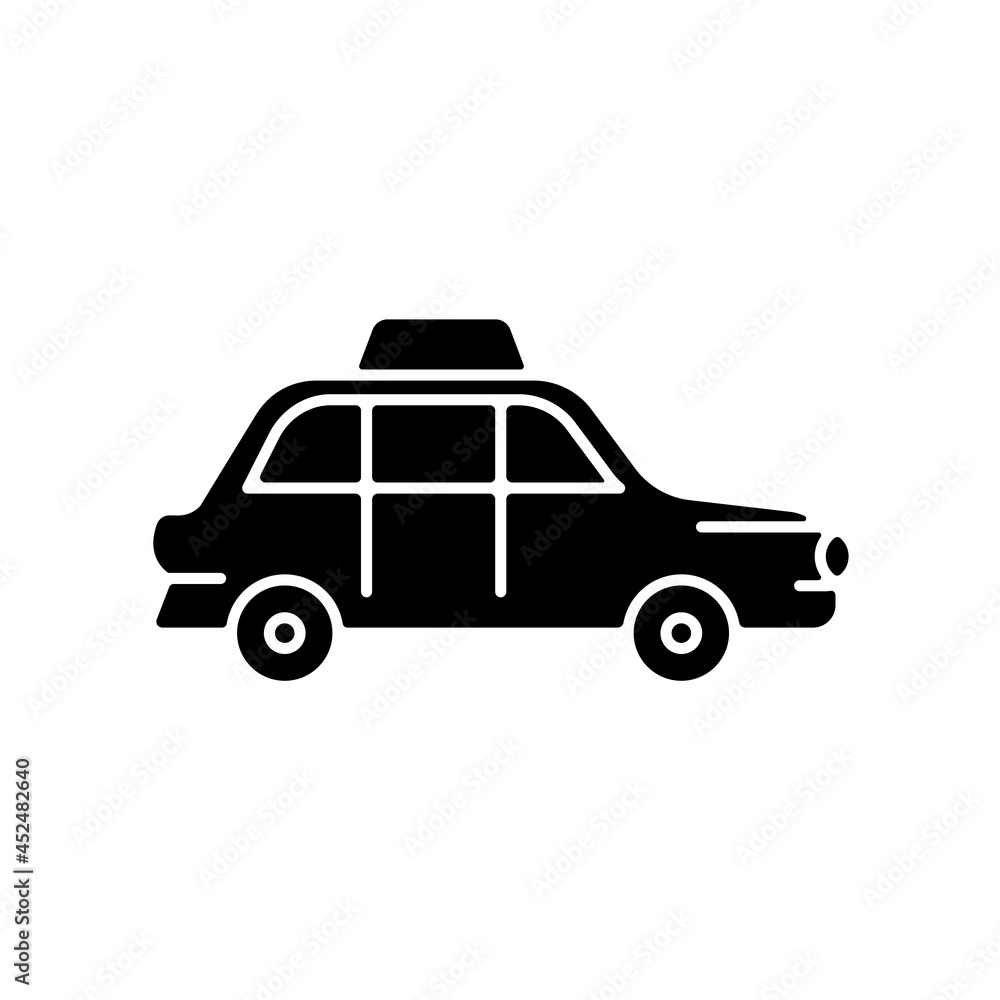 London cab black glyph icon. Hackney carriage. Minicab service. Public transportation. Pick passengers up from roadside. Black cab. Silhouette symbol on white space. Vector isolated illustration