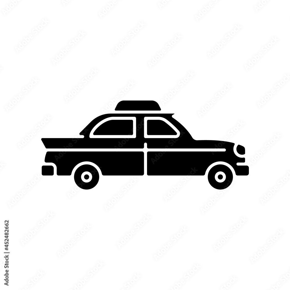 Retro taxi car black glyph icon. Taxicab vehicle. Chauffeur-driven transportation. Checker taxi. Vintage looking car. Classic old model. Silhouette symbol on white space. Vector isolated illustration