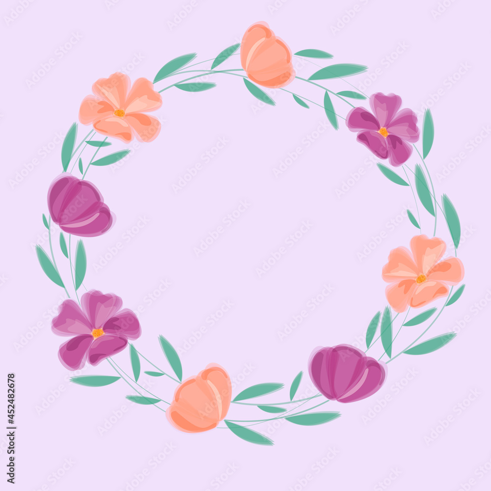 Greeting card with spring wreath flower. Happy Birthday, anniversary, Happy Mother's Day, invitation to party