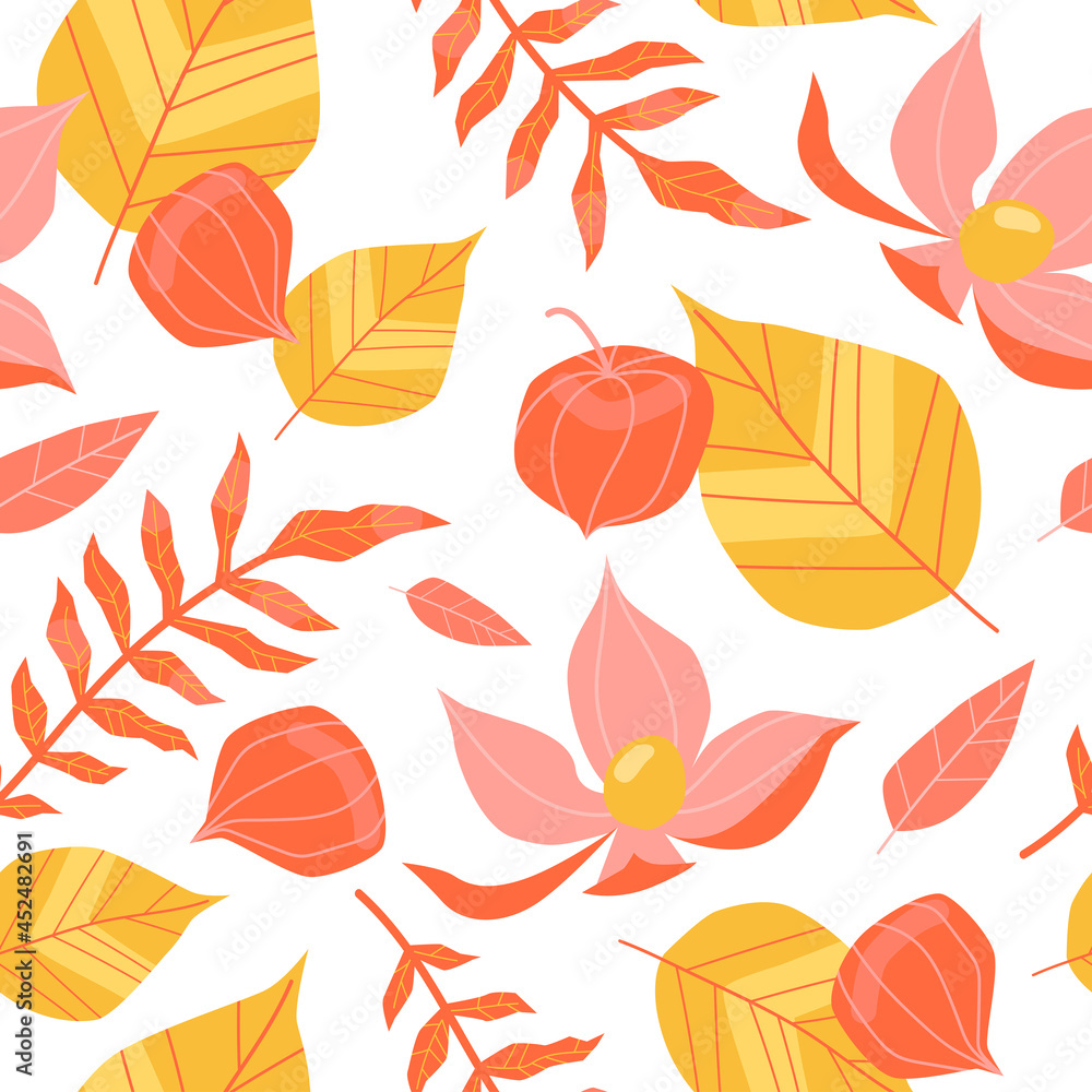 Seamless pattern with physalis and leaves on a white background. Seamless pattern with physalis and leaves on a white background.