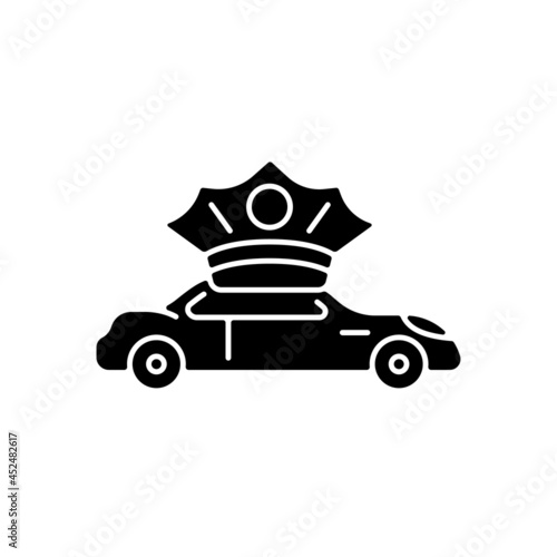 Chauffeur hire black glyph icon. Providing personal driver. Driving passenger vehicle. Transporting clients. Operating luxury cars. Silhouette symbol on white space. Vector isolated illustration