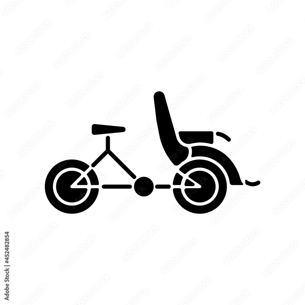 Cyclo taxi black glyph icon. Three-wheel bicycle for passenger transportation. Tourist attraction. Carrying bike along city roads. Silhouette symbol on white space. Vector isolated illustration Cyclo taxi black glyph icon. Three-wheel bicycle for passenger transportation. Tourist attraction. Carrying bike along city roads. Silhouette symbol on white space. Vector isolated illustration