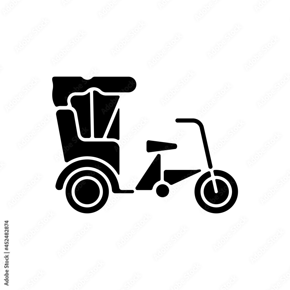 Sanlunche black glyph icon. Chinese rickshaw. Short distance traveling. Transportation service. Human-powered three-wheeler. Silhouette symbol on white space. Vector isolated illustration Sanlunche black glyph icon. Chinese rickshaw. Short distance traveling. Transportation service. Human-powered three-wheeler. Silhouette symbol on white space. Vector isolated illustration
