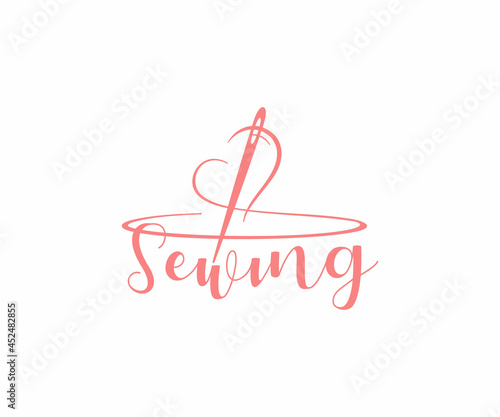 Fashion clothing boutique logo design. Clothes hanger with heart and and threading needle vector design. Tailor accessories for handmade needlework logotype