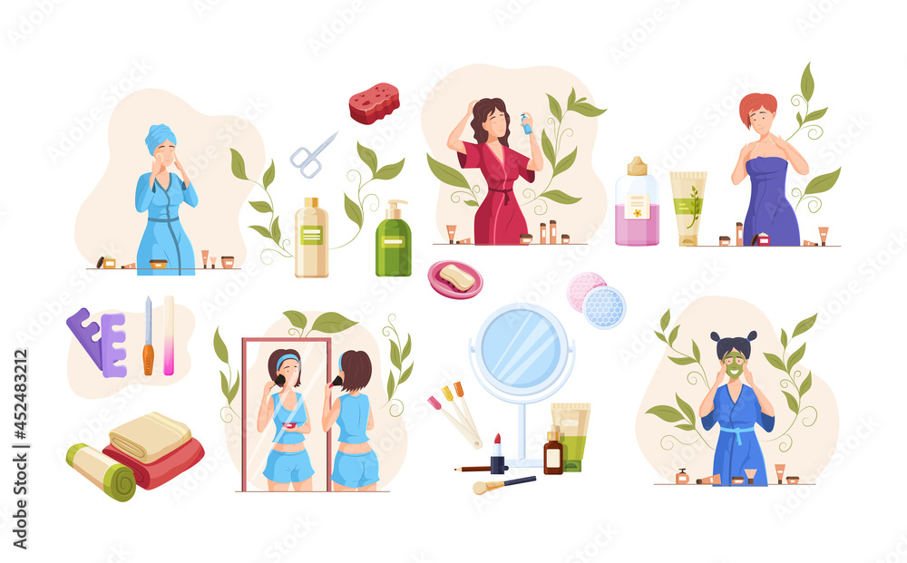 Set woman cares her skin cleansing treatment procedures for face and body applying skincare products