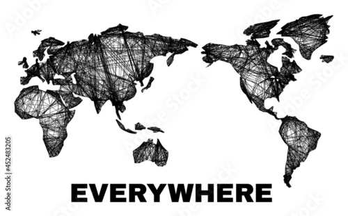Wire frame irregular mesh world map. Abstract lines are combined into world map. Wire carcass 2D network in vector format. Vector structure is created for world map using intersected random lines.