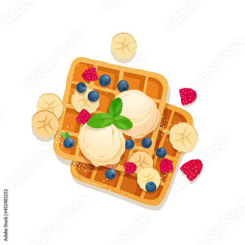 Belgian waffles with vanilla ice cream, banana slices, raspberries and blueberries. Decorated with mint leaves. Vector illustration