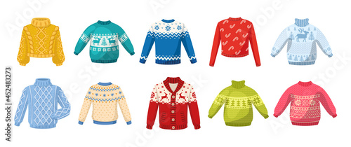 Cute winter warm knitted sweaters set. Christmas sweaters with festive winter year ornaments deer, snowman, spruce cartoon vector. Wool knitting winter clothes