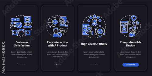 Application usage onboarding mobile app page screen. Comprehensible design walkthrough 4 steps graphic instructions with concepts. UI, UX, GUI vector template with linear night mode illustrations