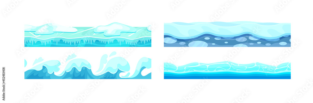 Blue seamless water surface set. Ocean, sea or river layers with waves covered by ice and snow Blue seamless water surface set. Ocean, sea or river layers with waves covered by ice and snow