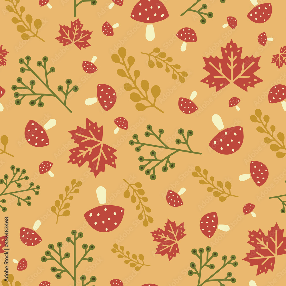 Beige autumn leaves and mushroom seamless pattern Beige autumn leaves and mushroom seamless pattern
