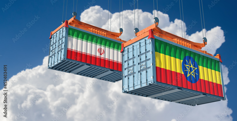Freight containers with Iran and Ethiopia national flags. 3D Rendering 