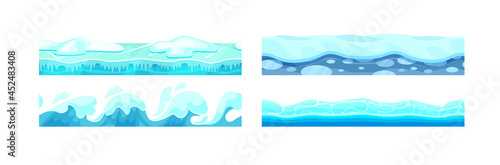 Blue seamless water surface set. Ocean, sea or river layers with waves covered by ice and snow