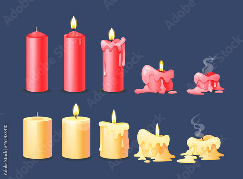 Burning candles flame set. Cartoon burning yellow and red wax candles on the different stages of burning from a whole before an extinguished candle to cinder