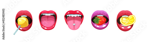Female open mouth with fruit and sweet set. Woman red lipstick lips with tongue piercing and teeth