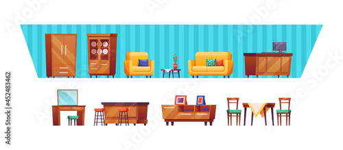 Living room furniture interior background set. Cozy apartment cartoon vector