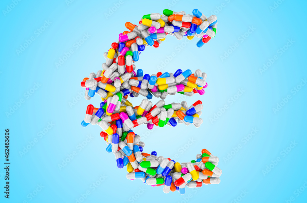 Euro symbol from medicine capsules, pills. 3D rendering