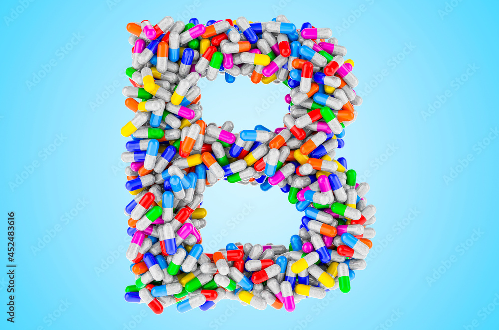 Letter B from medicine capsules, pills. 3D rendering