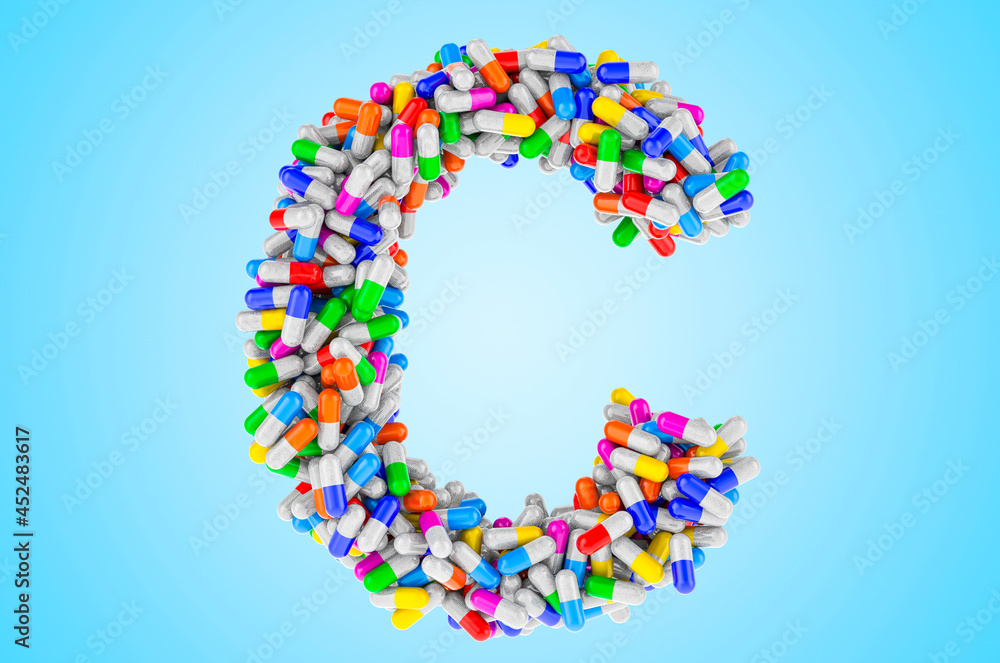 Letter C from medicine capsules, pills. 3D rendering Letter C from medicine capsules, pills. 3D rendering