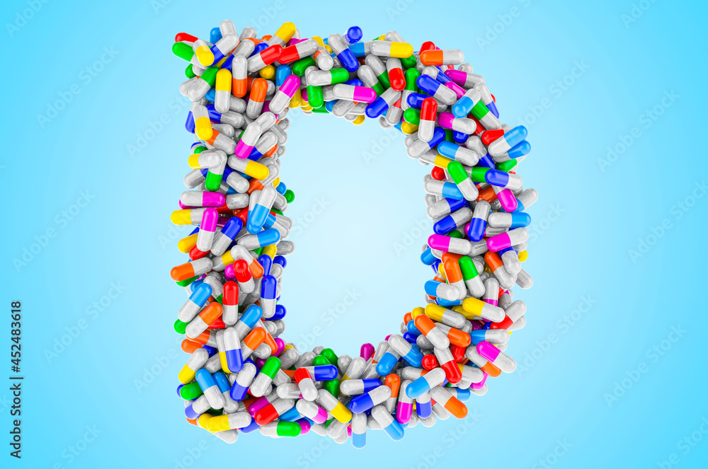 Letter D from medicine capsules, pills. 3D rendering Letter D from medicine capsules, pills. 3D rendering