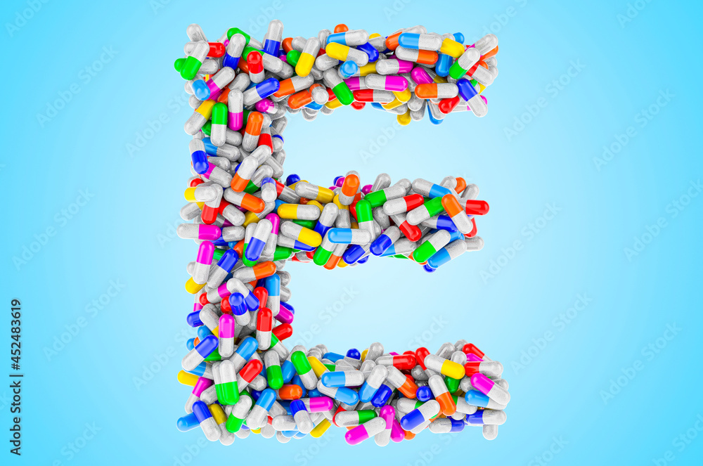Letter E from medicine capsules, pills. 3D rendering