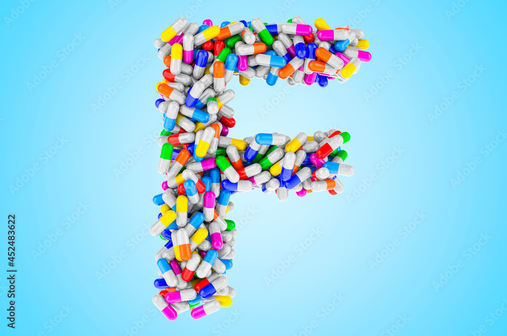 Letter F from medicine capsules, pills. 3D rendering Letter F from medicine capsules, pills. 3D rendering