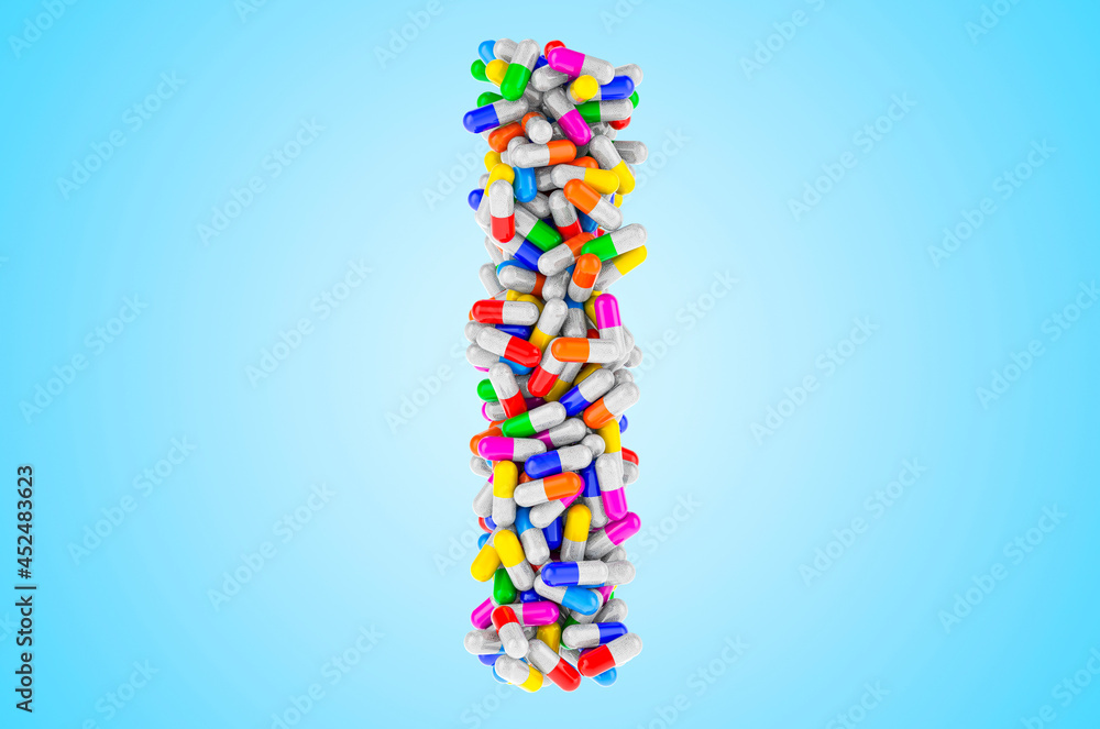 Letter I from medicine capsules, pills. 3D rendering