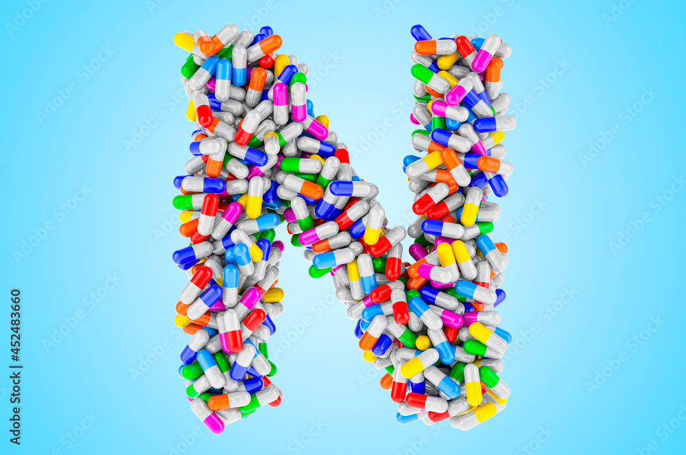 Letter N from medicine capsules, pills. 3D rendering Letter N from medicine capsules, pills. 3D rendering