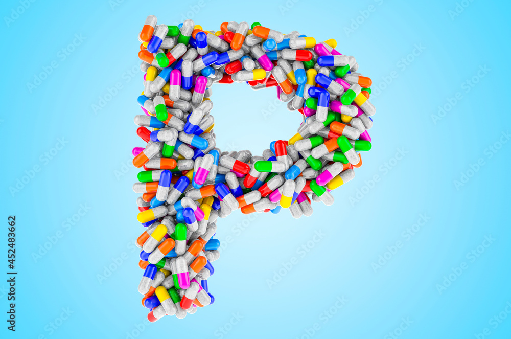 Letter P from medicine capsules, pills. 3D rendering Letter P from medicine capsules, pills. 3D rendering