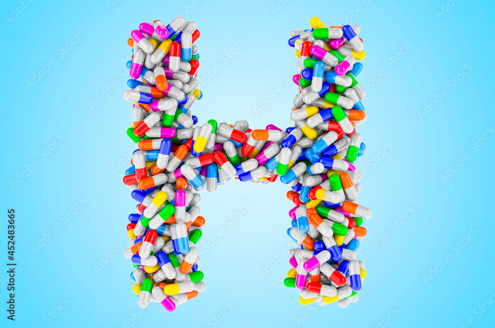 Letter H from medicine capsules, pills. 3D rendering