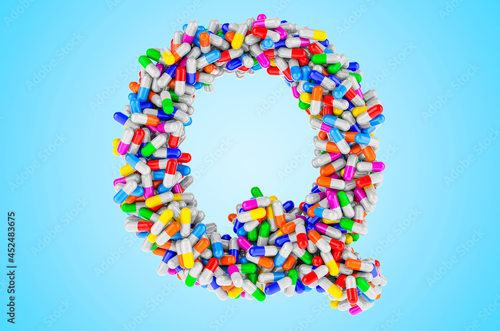Letter Q from medicine capsules, pills. 3D rendering Letter Q from medicine capsules, pills. 3D rendering
