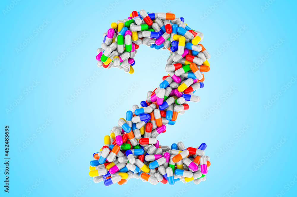 Number 2 from medicine capsules, pills. 3D rendering