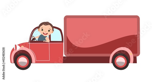 Childrens car. Kid rides on red modern cargo automobile. Toy vehicle. With a motor. Cute truck auto. Isolated on white background. Vector