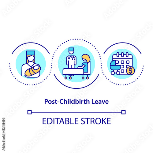 Post-childbirth leave concept icon. Abscence after child birth abstract idea thin line illustration. Postnatal leave to take care after newborn. Vector isolated outline color drawing. Editable stroke