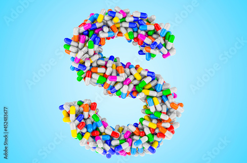 Letter S from medicine capsules, pills. 3D rendering