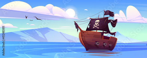 Pirate ship with black sails and flag with skull and crossbones in sea. Vector cartoon landscape of lake with mountains on horizon. Seascape with old wooden pirate boat