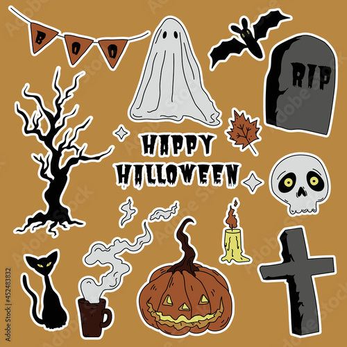set of stickers on the theme of Halloween in retro style. Vector illustration.