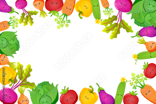 Rectangular vegetable frame template.  Beets, carrots, cucumber, tomato, onion, eggplant, cabbage, pepper. Vegetables banner. Vector images.