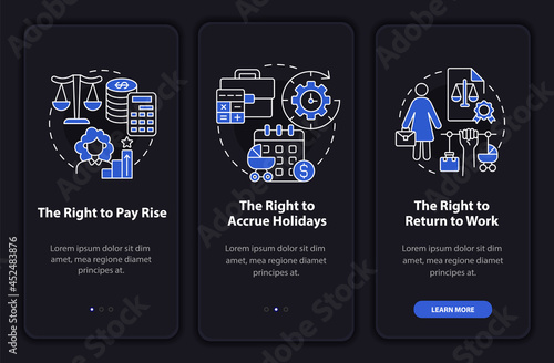 Maternity leave rights dark onboarding mobileapp page screen. Walkthrough 3 steps graphic instructions with concepts. UI, UX, GUI vector template with linear night and day mode illustrations