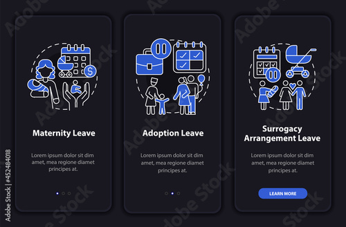 Maternity leave types dark onboarding mobileapp page screen. Walkthrough 3 steps graphic instructions with concepts. UI, UX, GUI vector template with linear night and day mode illustrations